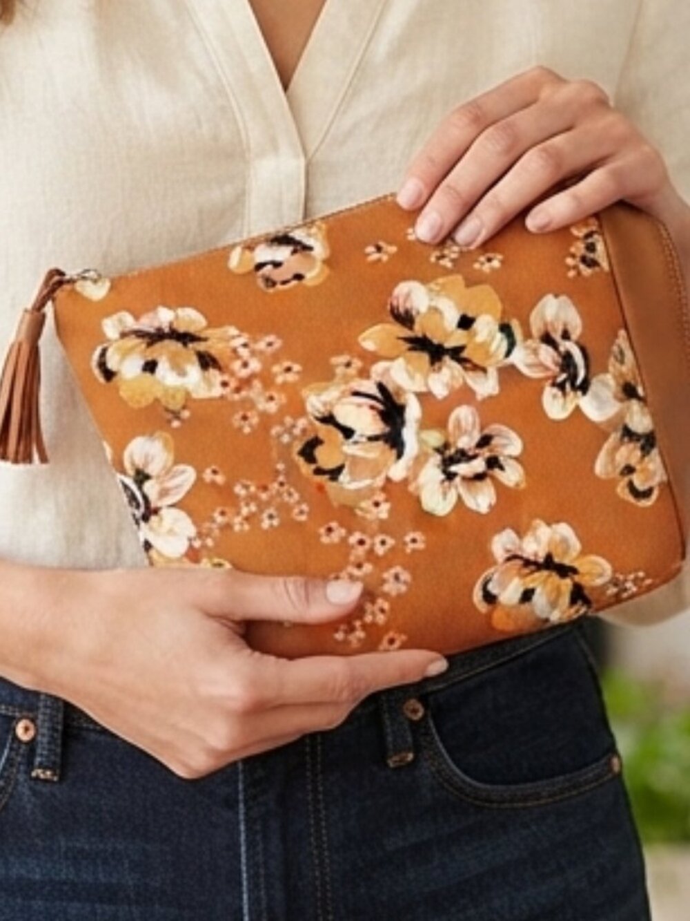 Rachel Pally Reversible Floral Mustard Burnt Orange Cosmetic Bag Clutch Pouch